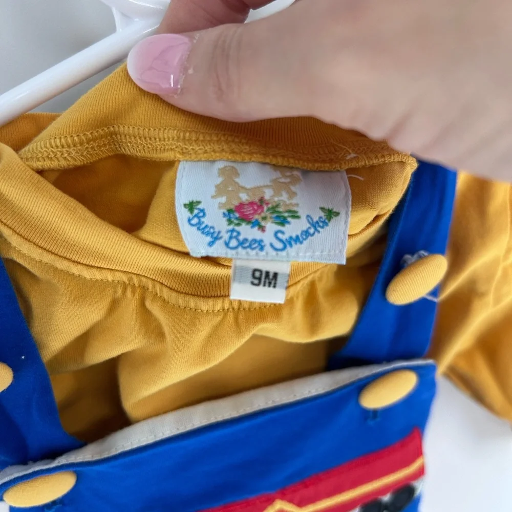 9 month 1 - Busy Bee Smocks Blue & Mustard Truck‎ Appliqué Striped Overalls